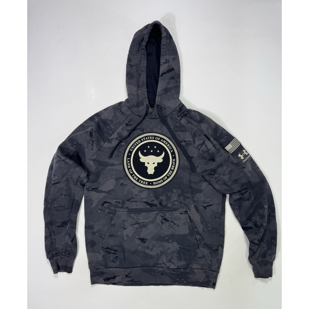 Under Armour Project Rock Freedom Bull Hoodie Mens Medium Black Camo 1367097 Gym